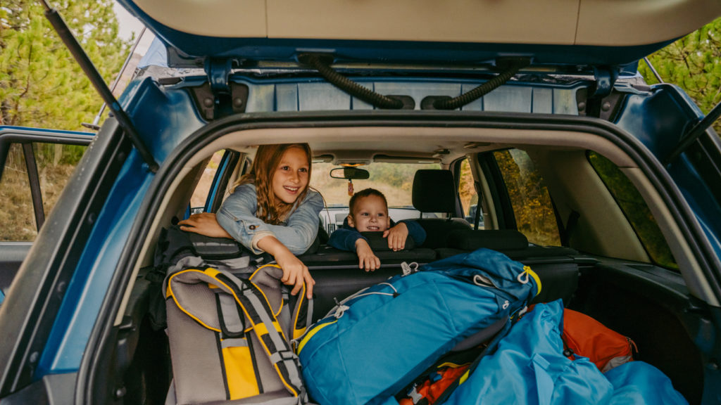 Photo of young brother and sister being excited about the road trip // wide photo dimensions