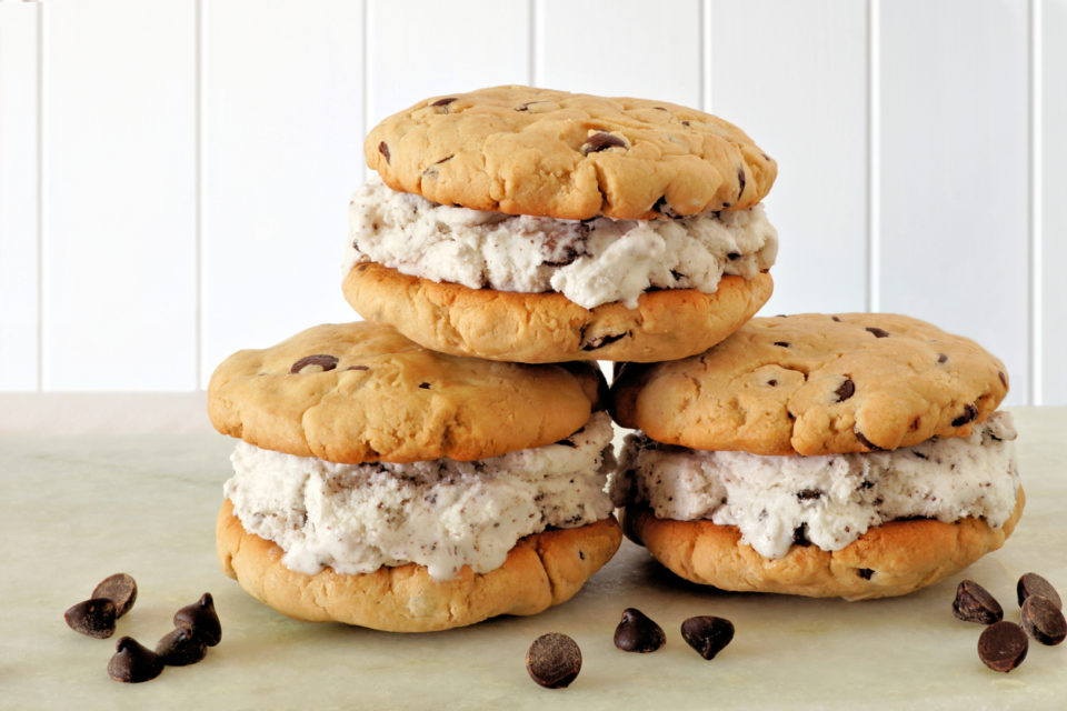 Group of chocolate chip cookie ice cream sandwiches