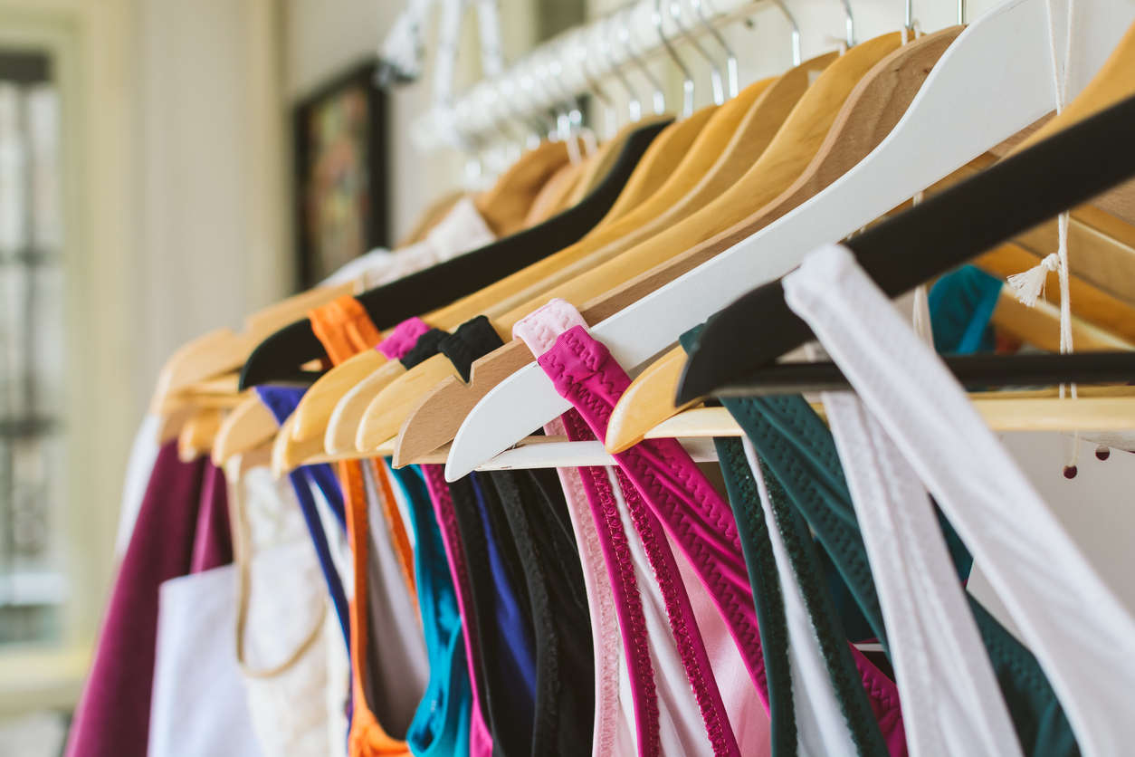 Female swimsuits on a hanger at the shop